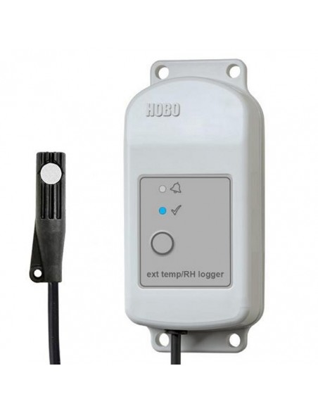 Rejestrator HOBO MX2302A temperatury i wilgotności względnej, z zewnętrznymi czujnikami.