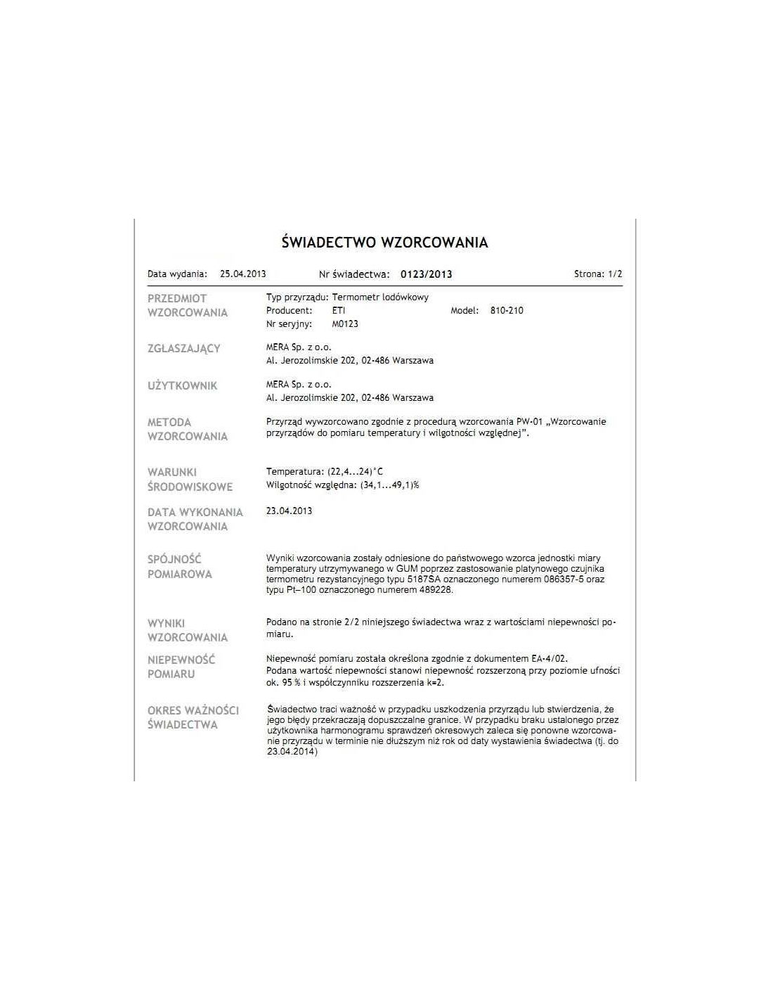 Wzorcowanie anemometru lub wiatromierza w 8 punktach standardowych