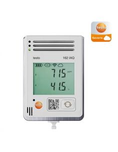 Bezprzewodowy rejestrator Testo 162 IAQ ze zintegrowanymi czujnikami temperatury, wilgotości, CO2 i ciśnienia atmosferycznego.