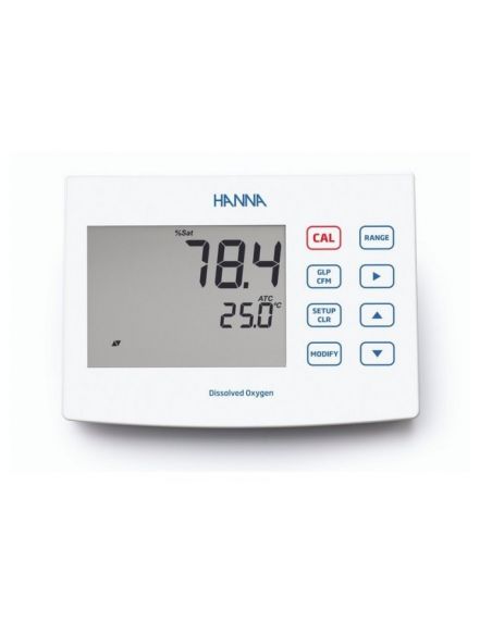 Laboratoryjny tlenomierz HI2640 z dużym wyświetlaczem i przyciskami pojemnościowymi.