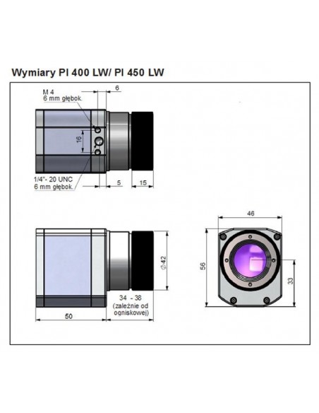 Stacjonarna kamera termowizyjna Optris PI400 LK i PI450 LK - wymiary kamery