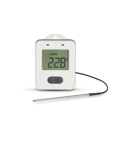 Rejestrator ThermaData z czujnikiem wewnętrznym i zewnętrzną sondą termistorową.
