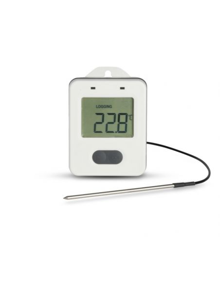 Rejestrator ThermaData z czujnikiem wewnętrznym i zewnętrzną sondą termistorową.